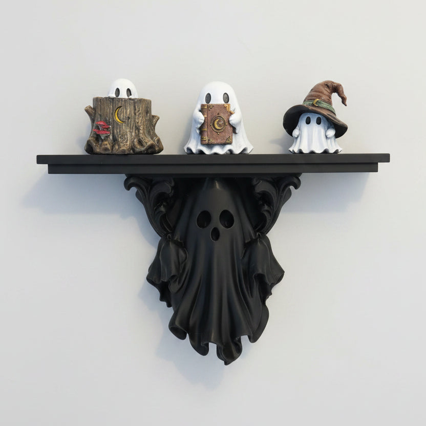 Detailed ghost shelf featuring flowing drapery and decorative gothic scrollwork.