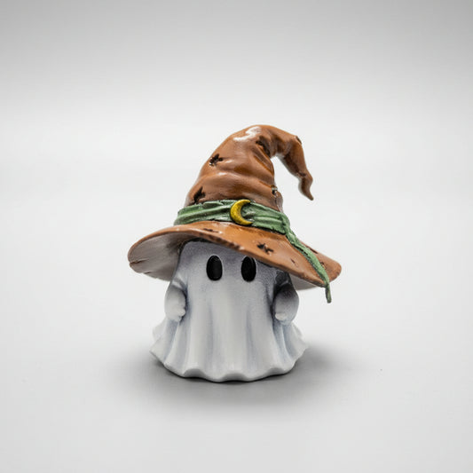 Bramblehat Moonwisp Ghost figurine wearing a weathered witch hat with crescent moon charm