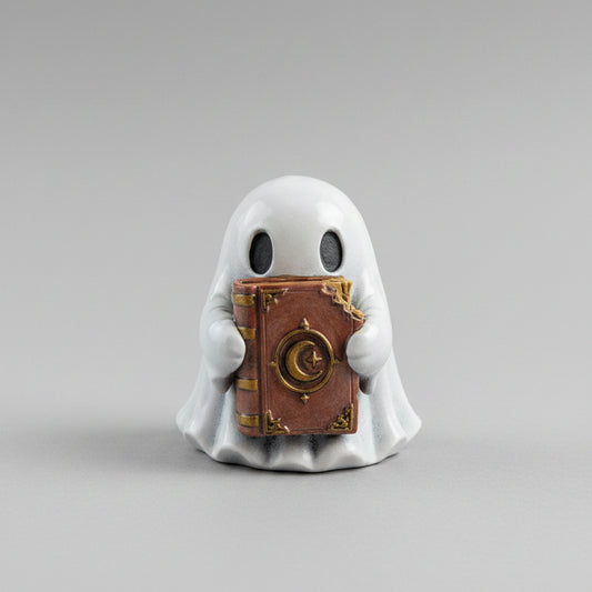 Tomes Moonwisp Ghost figurine holding a detailed spell book with crescent moon emblem.