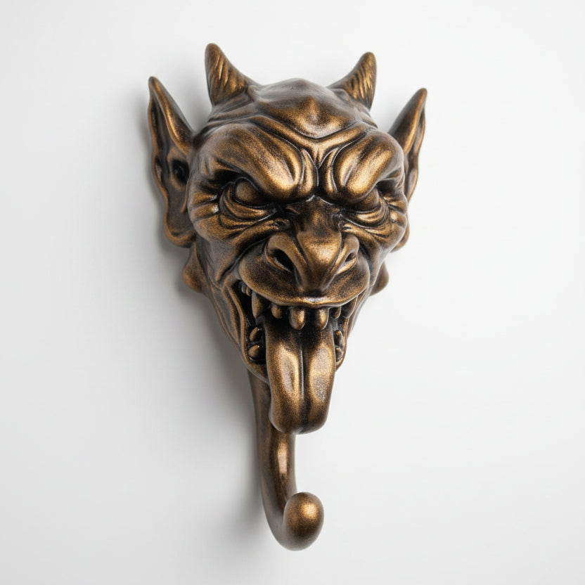 Detailed resin gargoyle wall hook featuring a gothic guardian face and sturdy hanging hook. Available in hand-painted bronze, silver, gold and glossy black finishes. Decorative and functional wall-mounted hook suitable for coats, jackets and accessories.