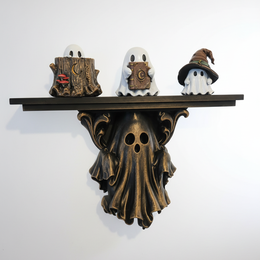 Hand-painted bronze ghost wall shelf mounted on a wall and displaying decorative ghost figurines.