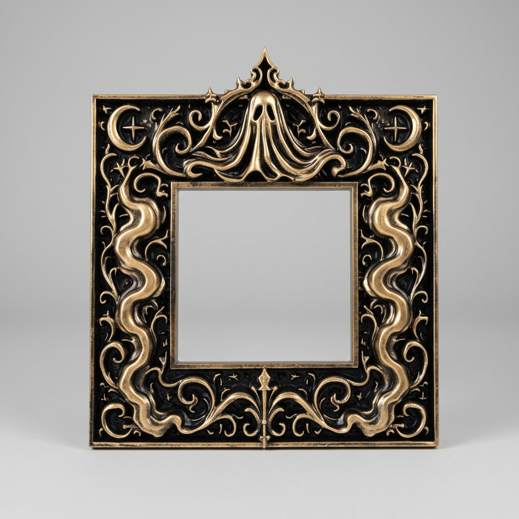 Hand-painted gold gothic ghost light switch surround with flowing veil details and ornate baroque-inspired edges, displayed against a dark background for a dramatic antique finish.