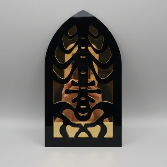 Gothic skeleton cathedral mirror wall art in black acrylic and gold mirror