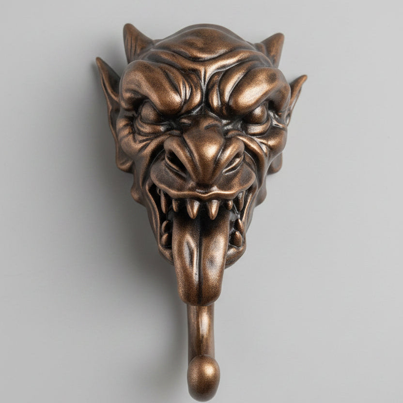 Resin gargoyle wall hook mounted on a wall holding multiple jackets. Gothic architectural design with detailed sculpting and durable construction. Decorative home storage solution for hallways, bedrooms and alternative interiors.