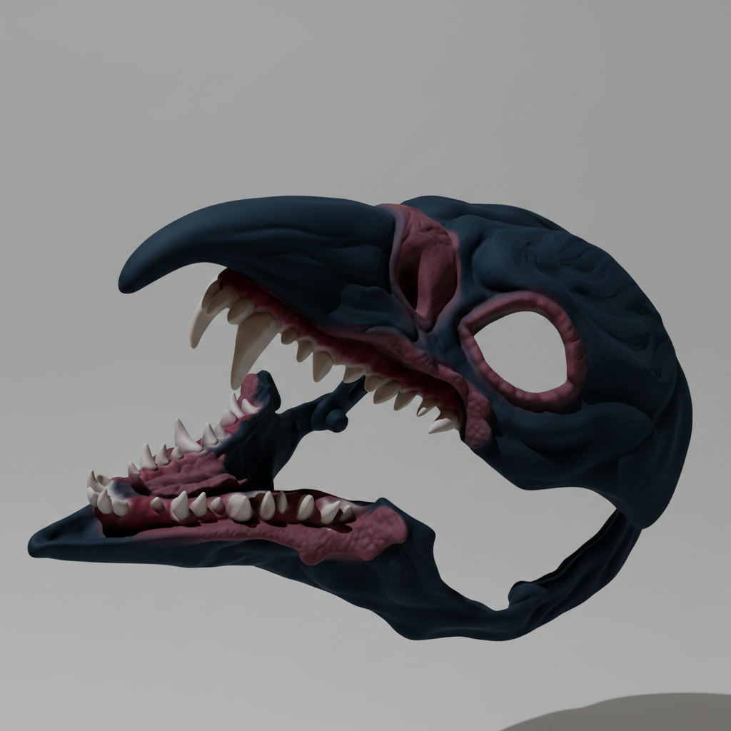 Hand painted cursed raven wearable mask with articulated jaw, skeletal beak, and gothic horror detailing