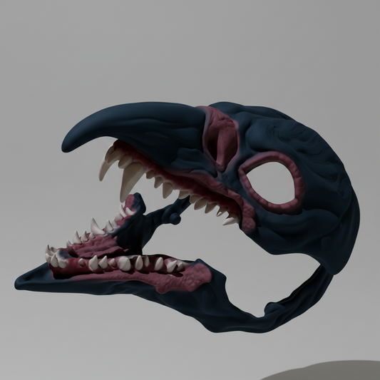 Hand painted cursed raven wearable mask with articulated jaw, skeletal beak, and gothic horror detailing