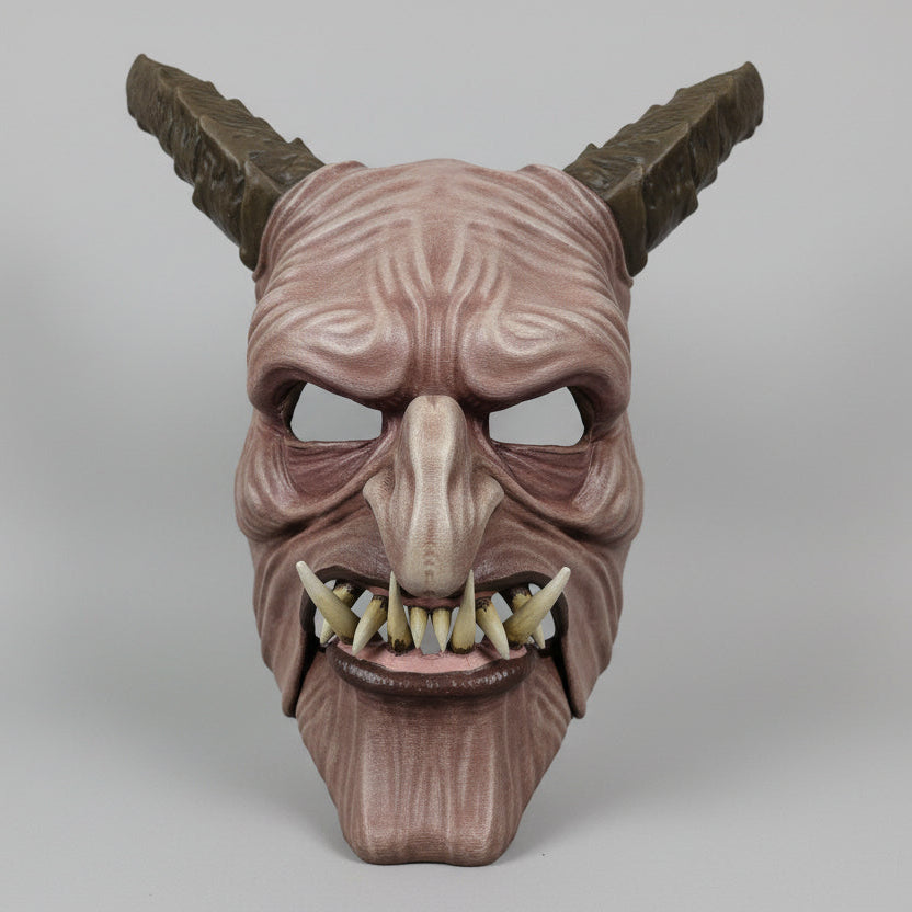 Fully hand painted Krampus wearable mask with articulated jaw, detailed horns, tusks, and weathered gothic finish