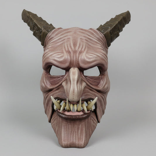 Fully hand painted Krampus wearable mask with articulated jaw, detailed horns, tusks, and weathered gothic finish