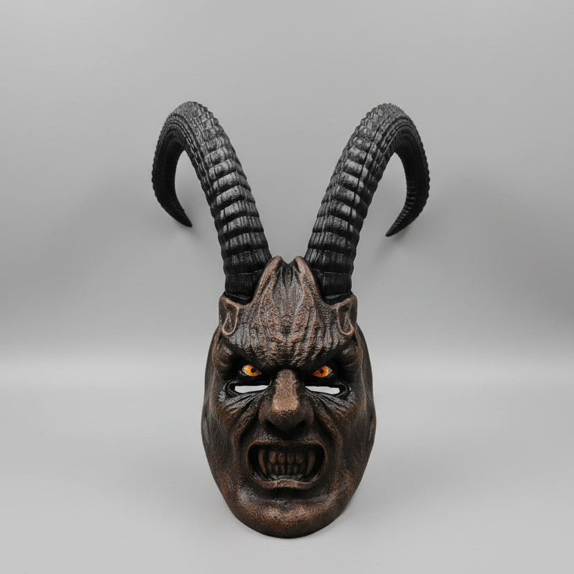 Fully hand painted large horned Krampus wearable mask with long horns and gothic horror detailing