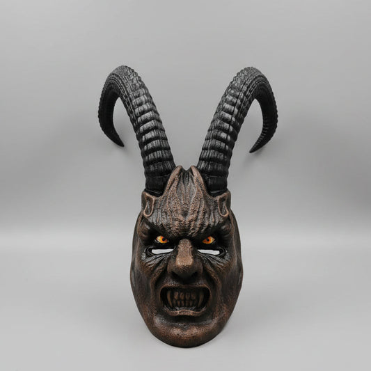 Fully hand painted large horned Krampus wearable mask with long horns and gothic horror detailing