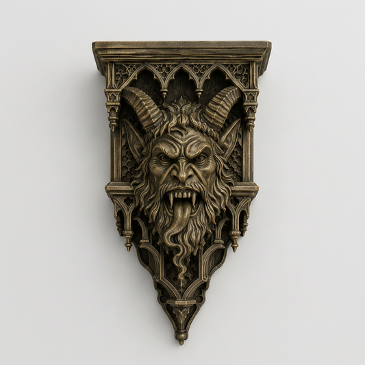 Hand painted bronze Krampus corbel shelf featuring a horned demon face within ornate gothic architecture.
