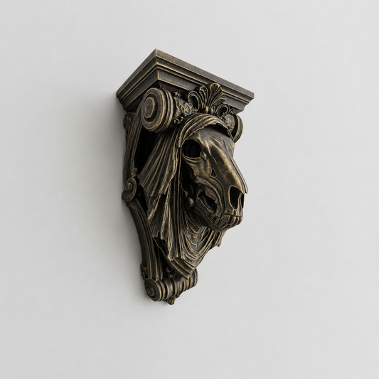 Hand painted bronze Mari Lwyd wall corbel featuring a gothic horse skull design inspired by Welsh folklore.