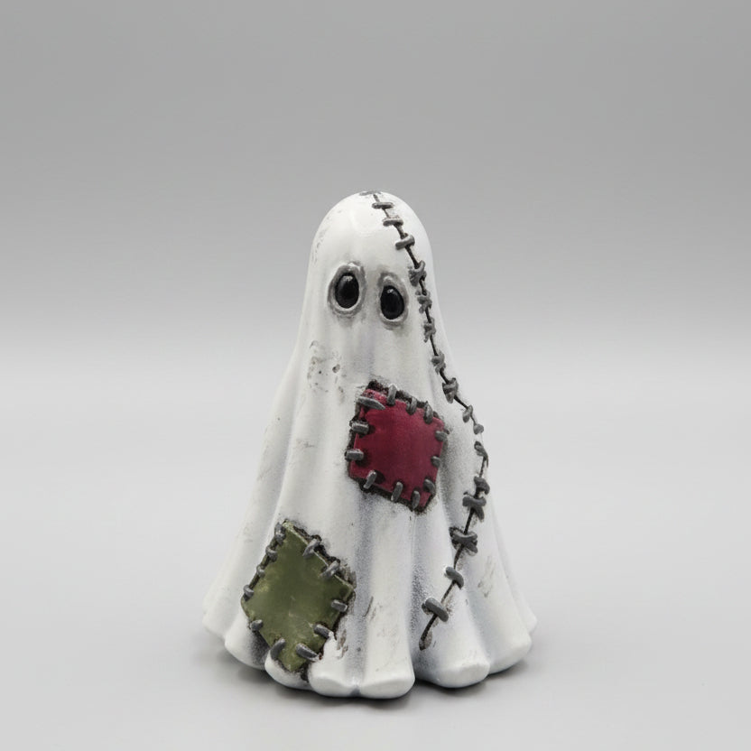 Mendrick the Patchwork Ghost hand painted resin ornament with stitched details and colourful patches