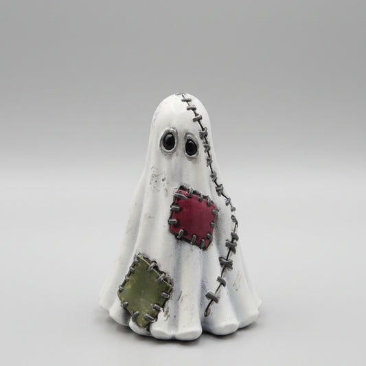 Mendrick the Patchwork Ghost hand painted resin ornament with stitched details and colourful patches