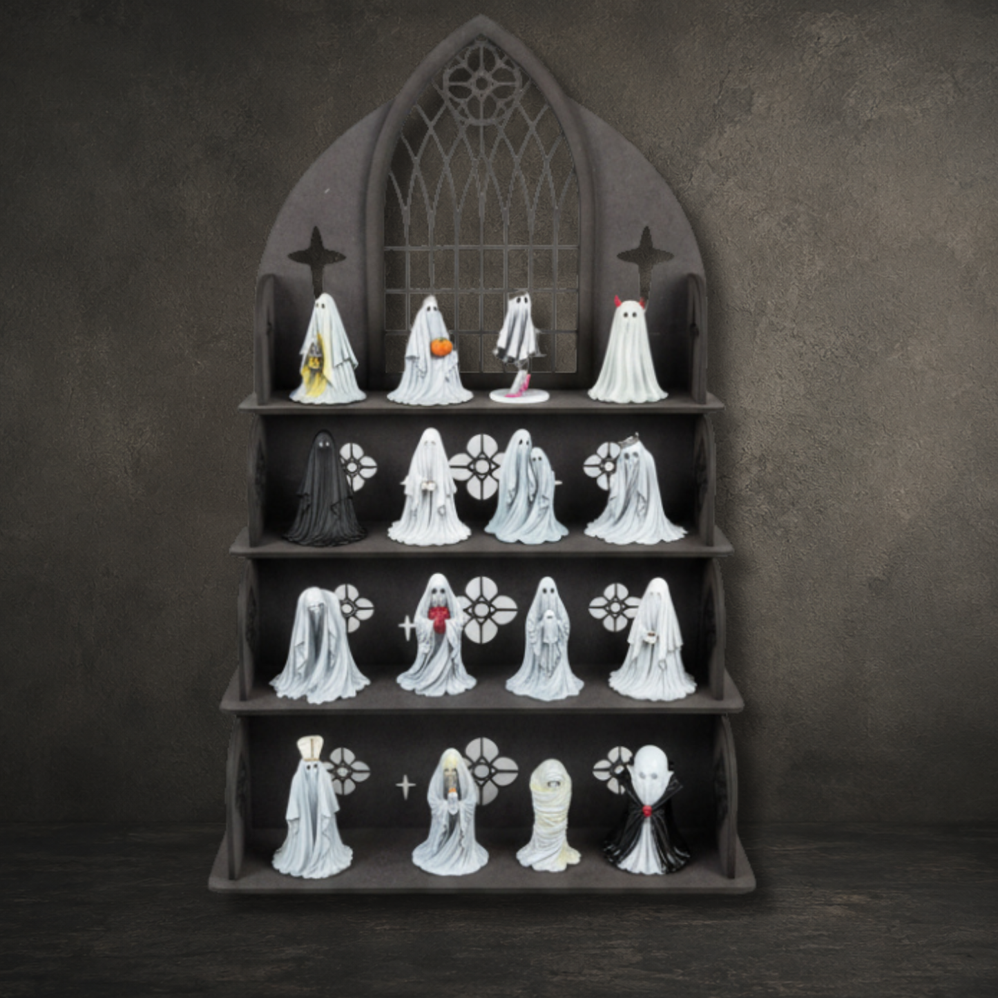 4 Tier Gothic Cathedral Ghost Display Stand | Black MDF Shelf for Collectibles, Ghost Figures & Gothic Decor