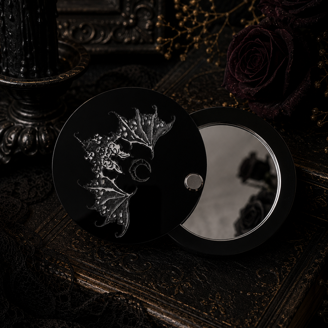 Handmade personalised gothic bat compact mirror with engraved bat design, 8cm swivel mirror for everyday use.