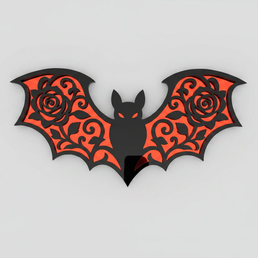 Decorative gothic bat plaque made from black acrylic and red mirror acrylic