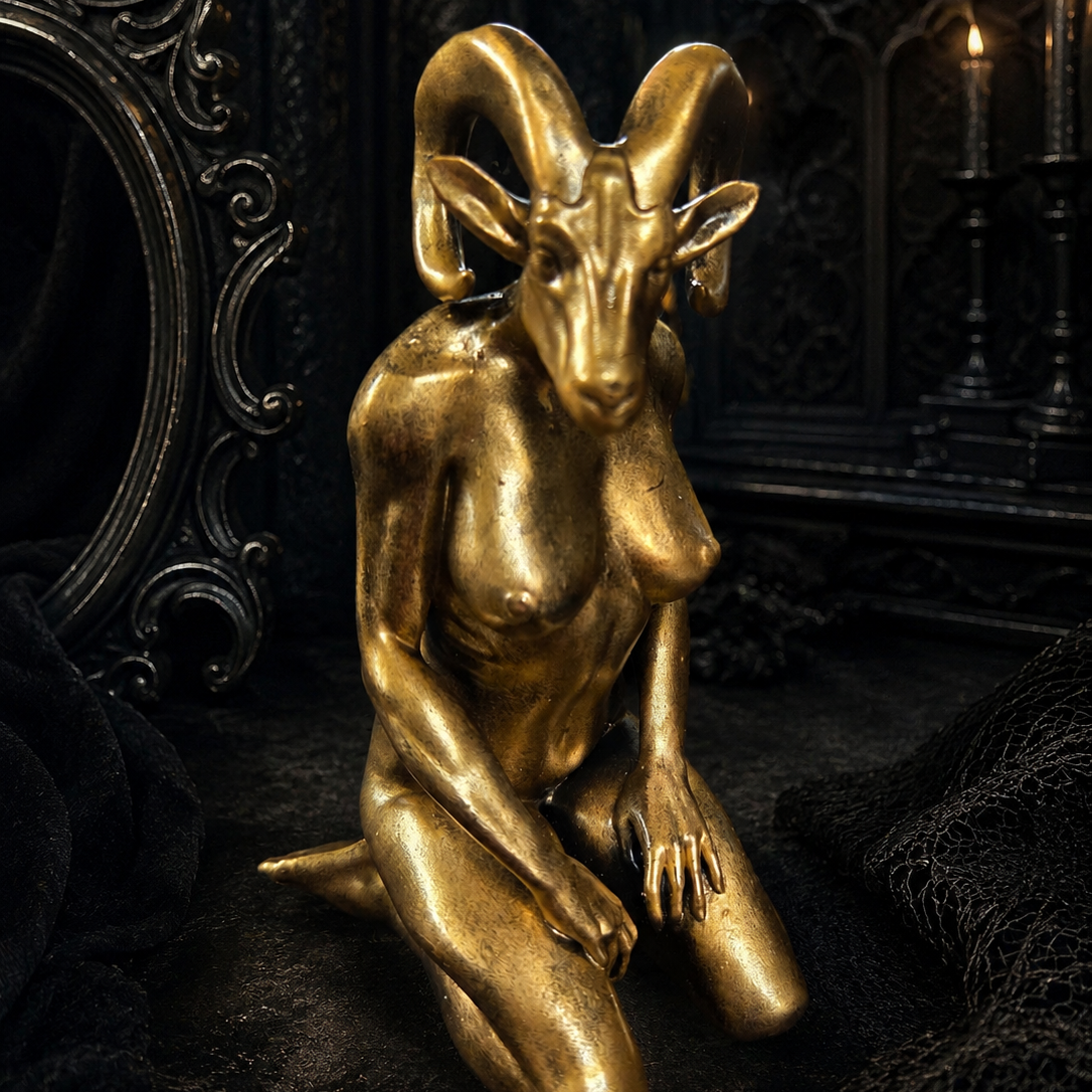 Gold resin Baphomet Lady rude statue with antique finish, gothic occult home décor ornament.