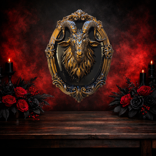 Baphomet Gothic Wall Frame | Occult Goat Head Plaque | Hand Painted Resin Wall Decor