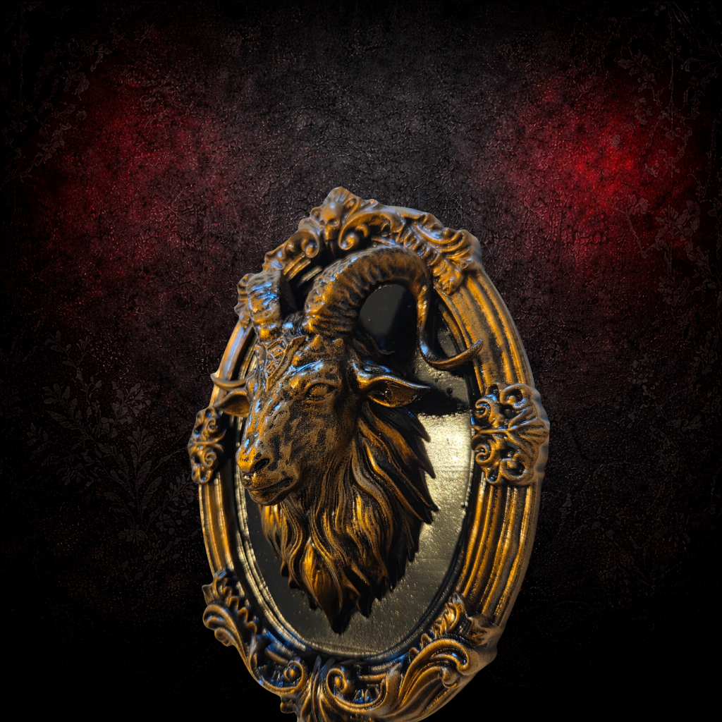 Baphomet Gothic Wall Frame | Occult Goat Head Plaque | Hand Painted Resin Wall Decor