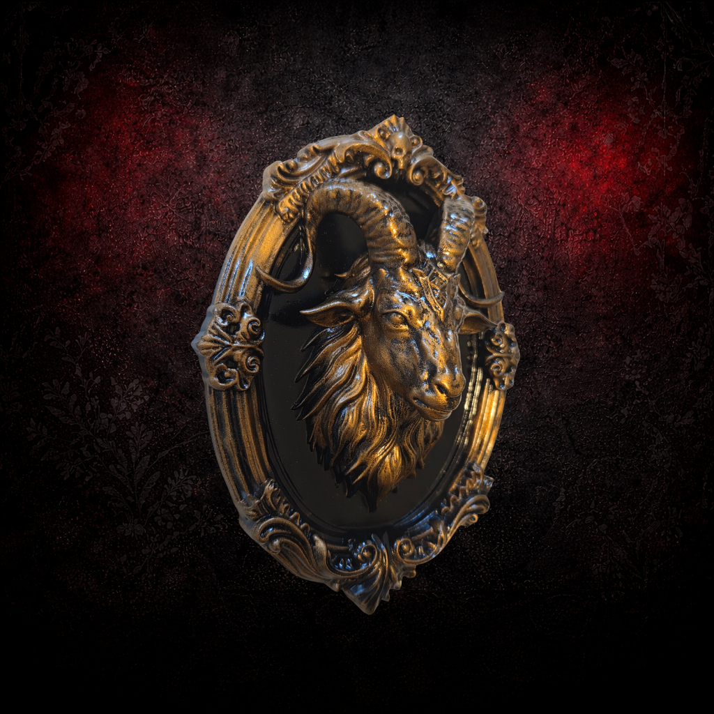 Baphomet Gothic Wall Frame | Occult Goat Head Plaque | Hand Painted Resin Wall Decor