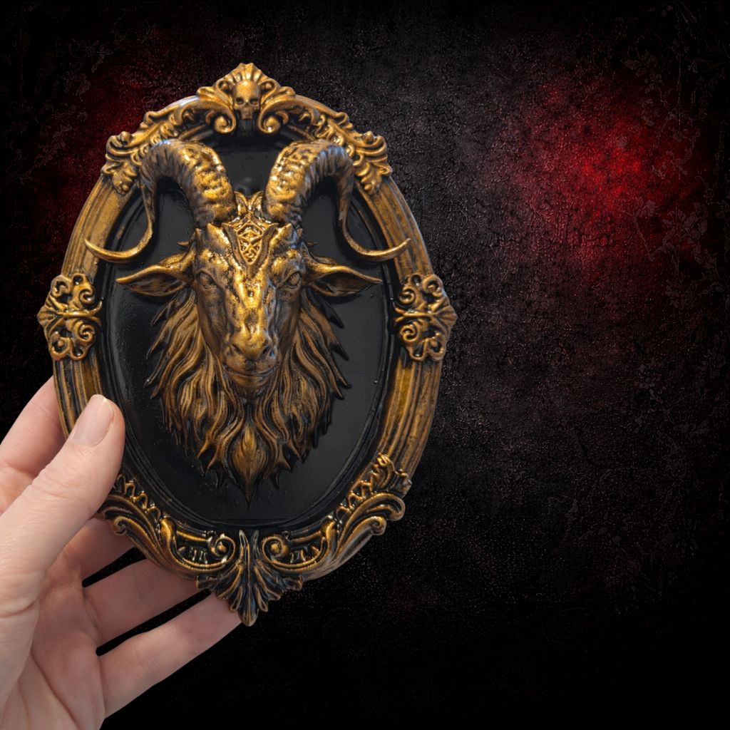 Baphomet Gothic Wall Frame | Occult Goat Head Plaque | Hand Painted Resin Wall Decor