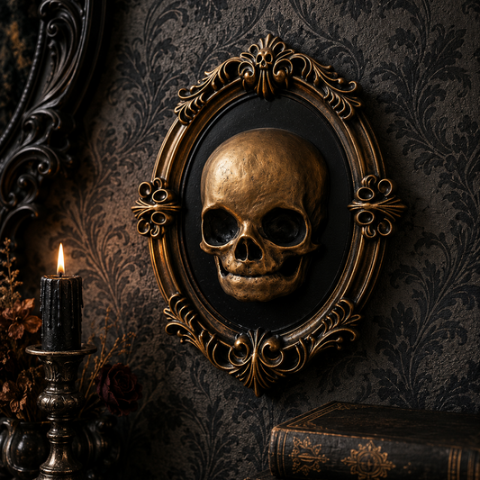 Bronze baroque fetus wall frame featuring an ornate decorative border and gothic-inspired design, ideal for alternative home decor and curiosity displays.