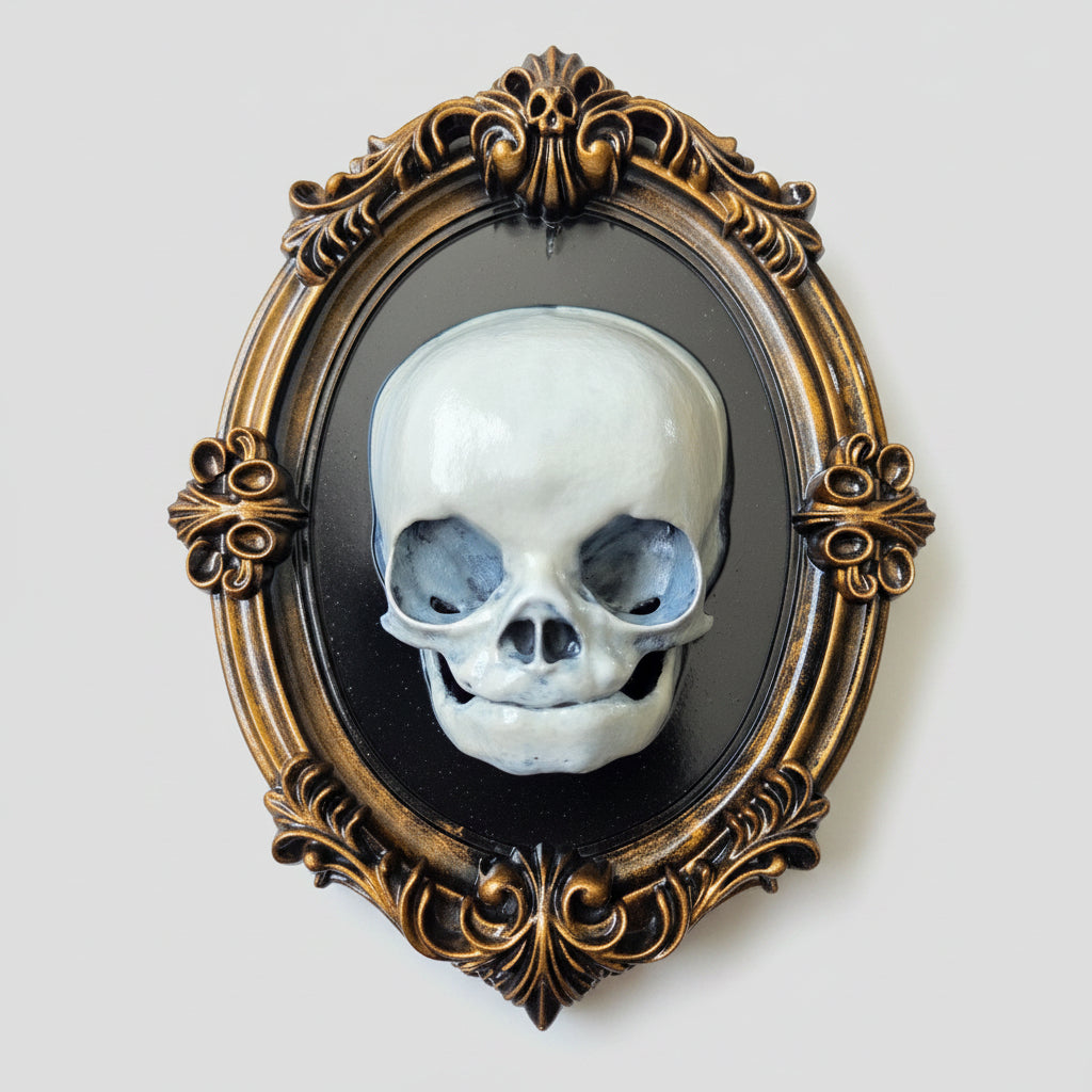 Ornate baroque gothic wall frame featuring a detailed fetus skull mounted on a black background