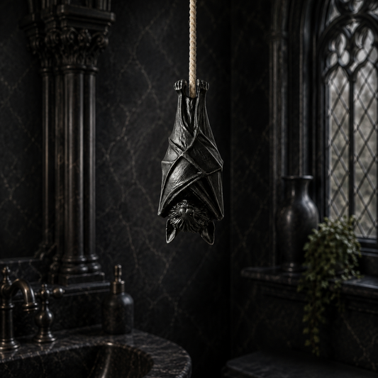 Black gothic bat light pull featuring detailed wings and a decorative design, perfect for alternative bathrooms and gothic home decor