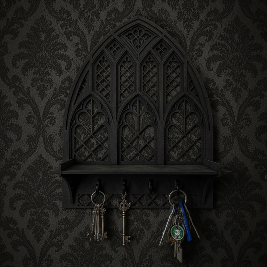 Black wooden gothic cathedral key holder with integrated shelf, designed for storing keys and small decorative items in alternative home interiors.