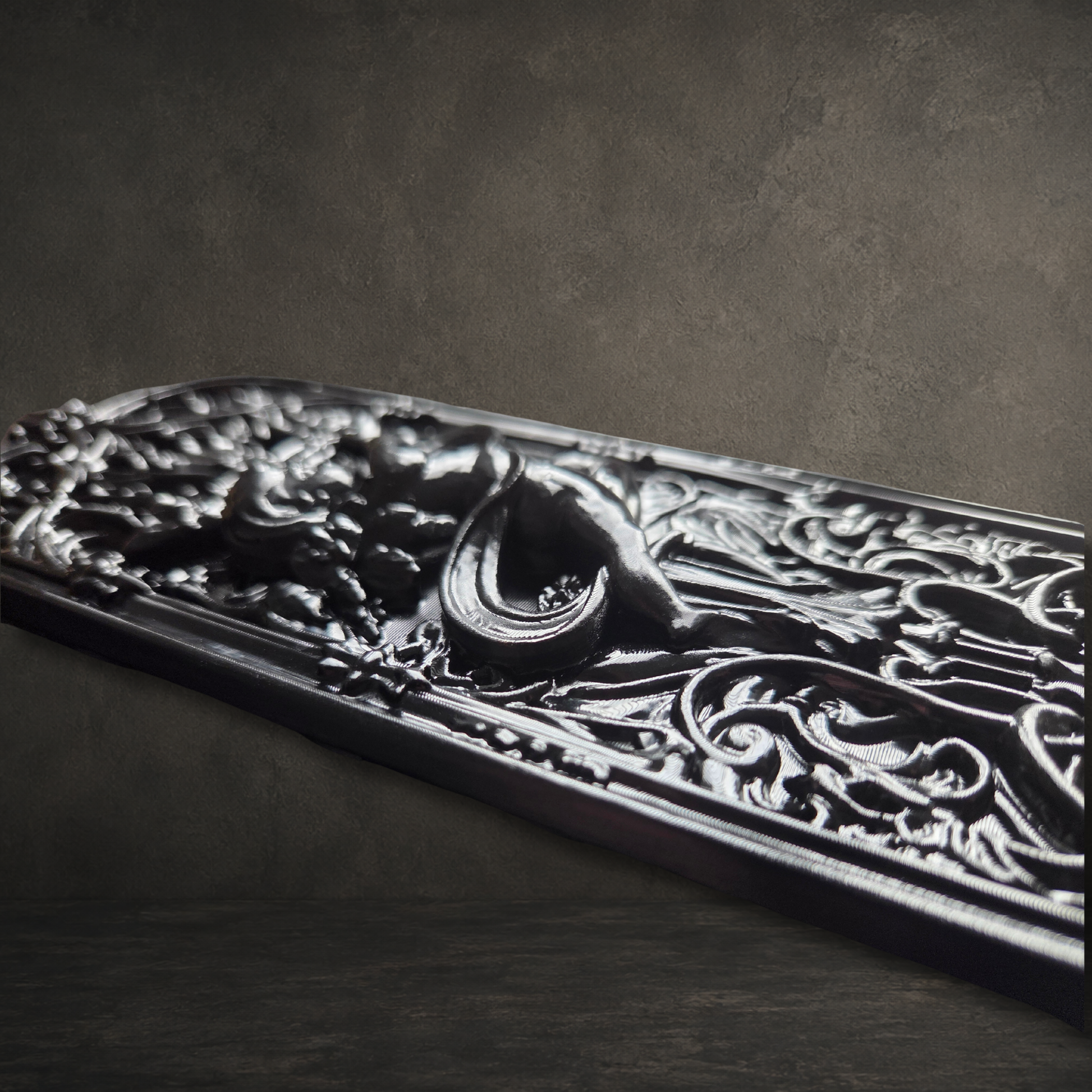 Close-up of the Cathedral Cherub decorative door push plate showing highly detailed Gothic scrollwork and cherub design.