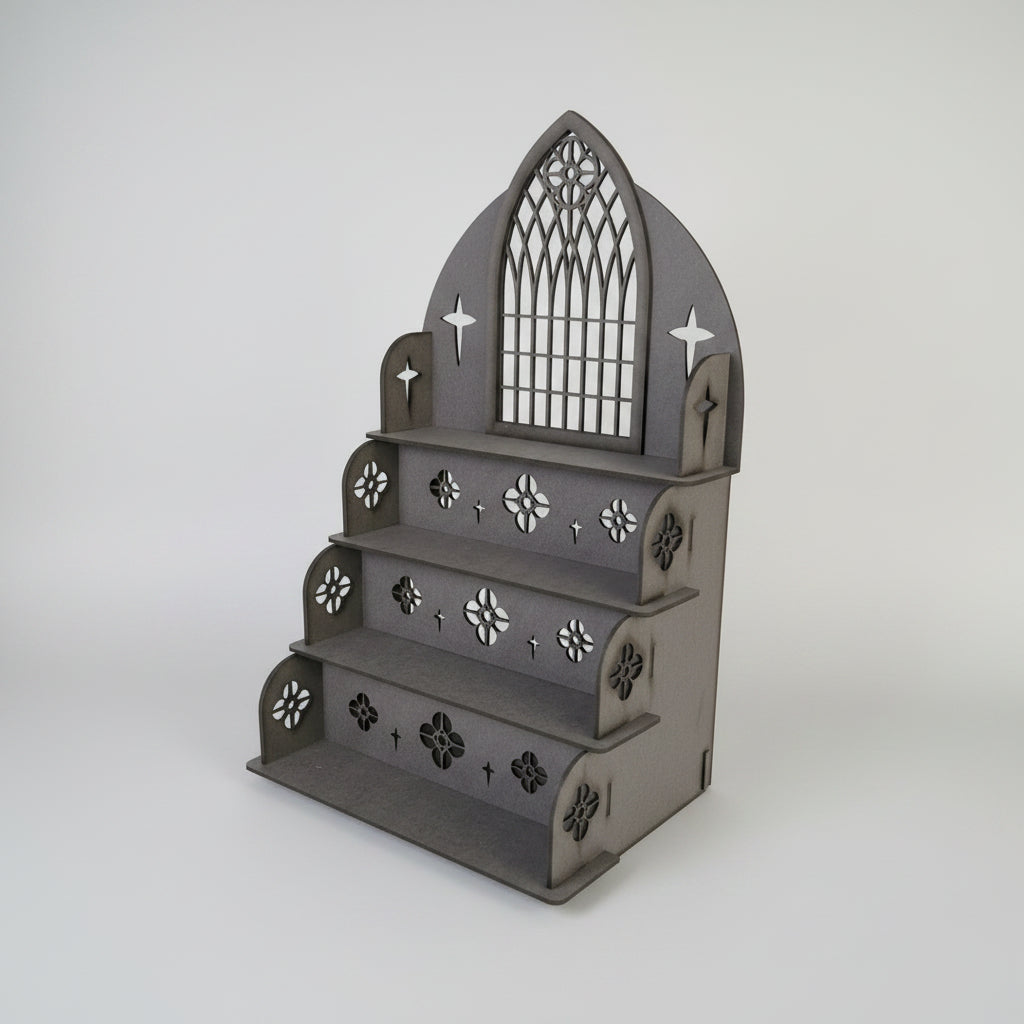 Gothic MDF display stand featuring cathedral window cut out detailing and four shelves