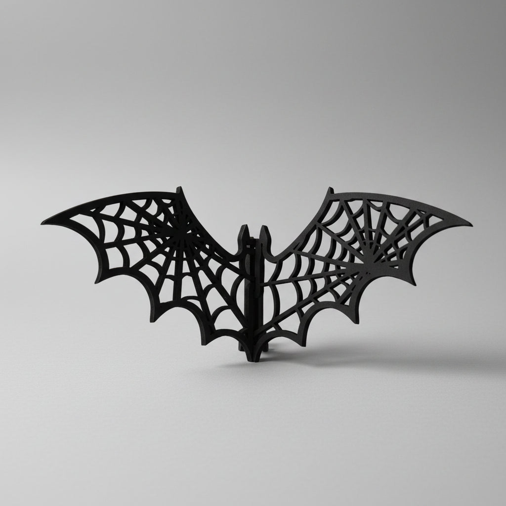 Black wooden bat ornament with intricate cobweb wing design
