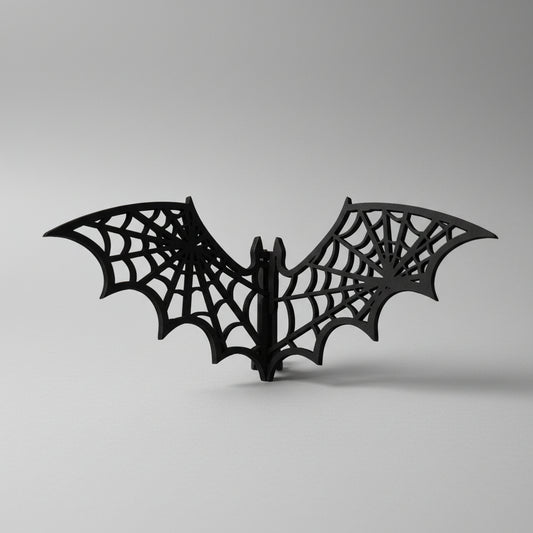 Black wooden bat ornament with intricate cobweb wing design
