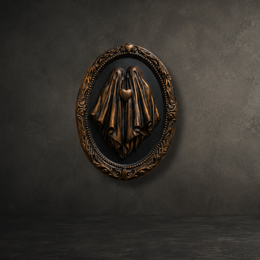Hand painted bronze wall art of two ghostly spirits holding a heart inside an ornate 6-inch baroque resin frame for gothic home décor