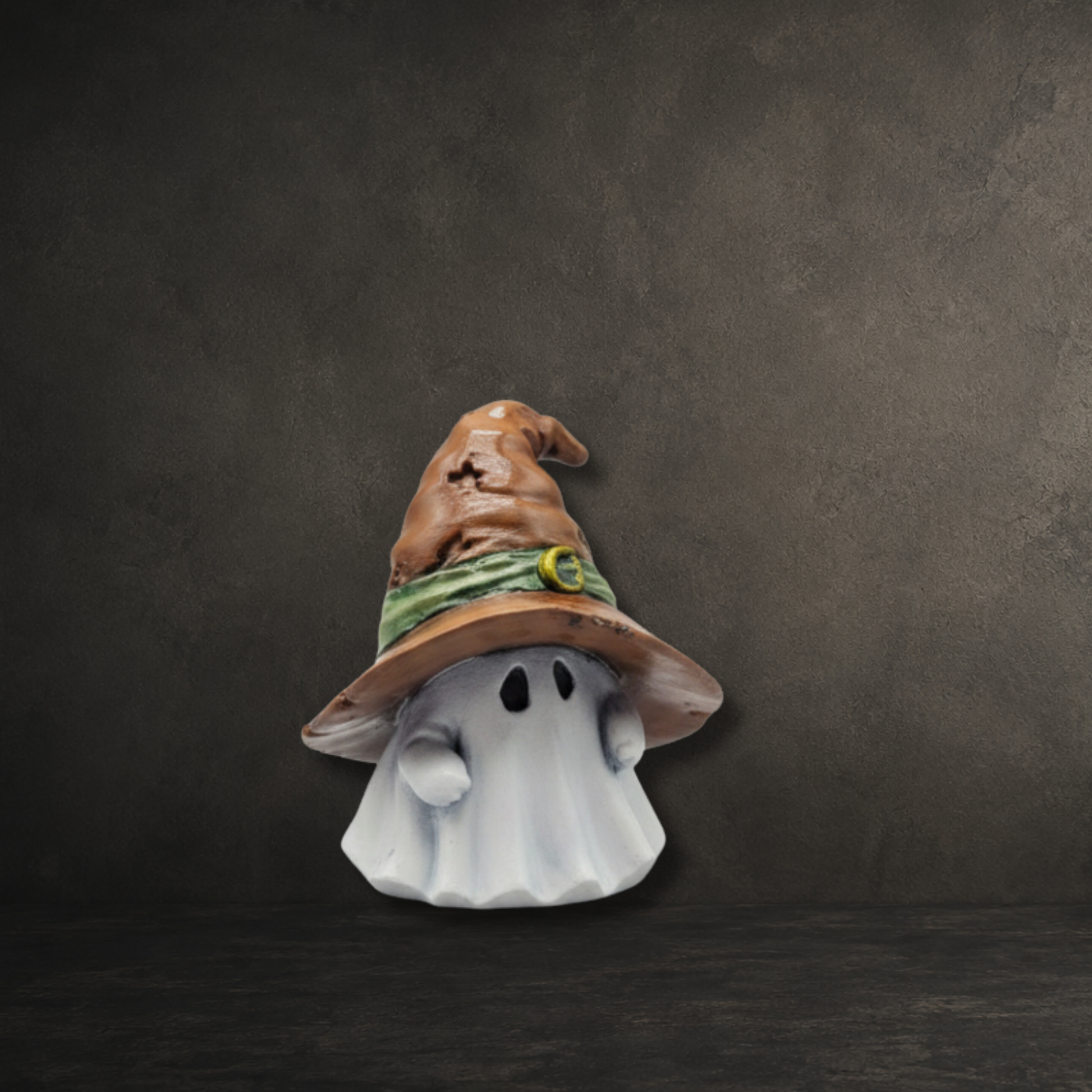 Hand-painted resin ghost ornament with a rustic brown witch's hat