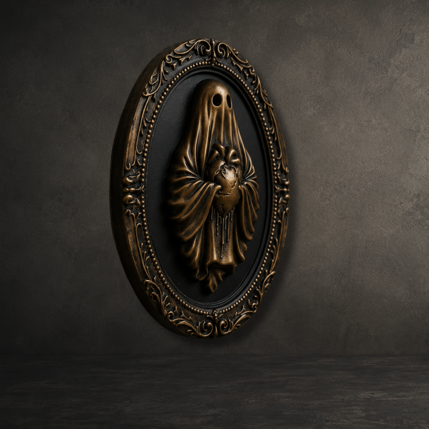 Bronze resin ghost cradling an anatomical heart mounted in an ornate 6-inch baroque wall frame inspired by Victorian gothic décor