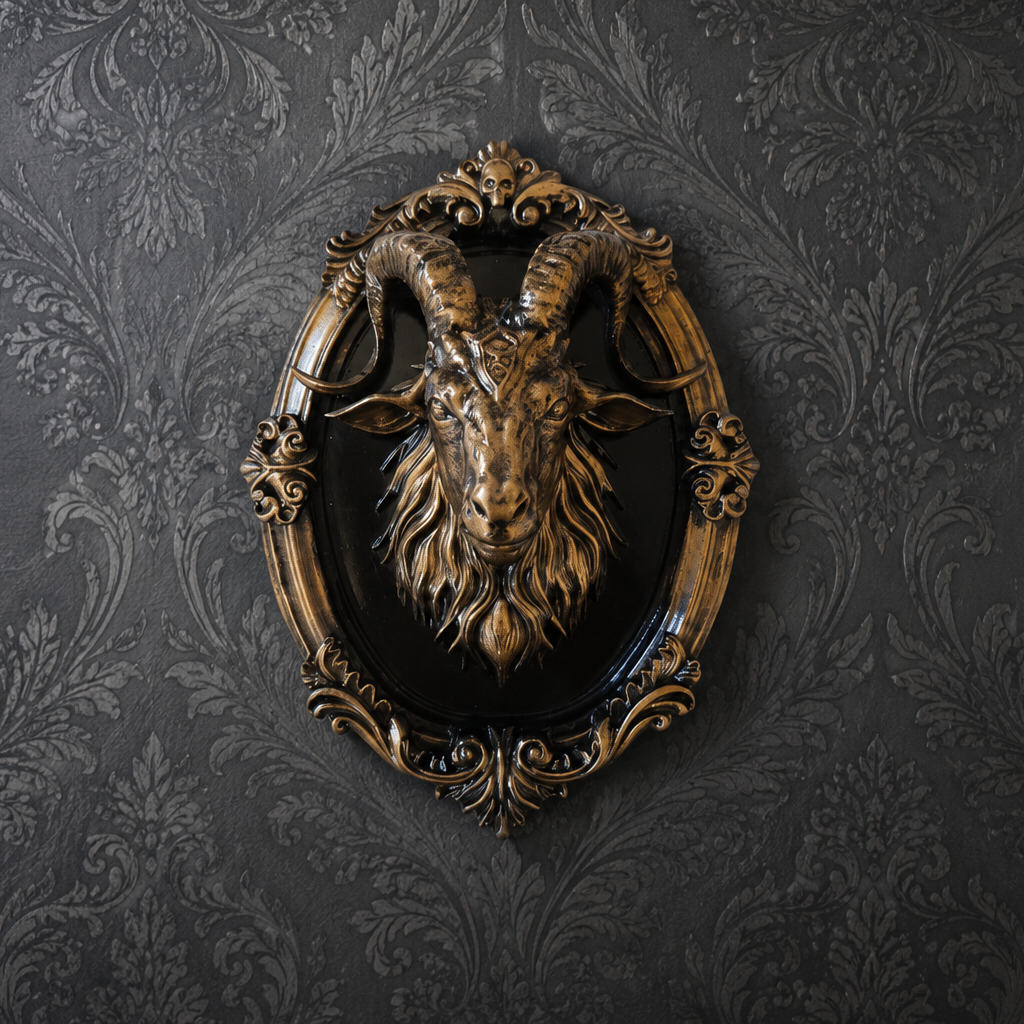 Bronze Baphomet wall decor plaque featuring detailed occult-inspired artwork, ideal for gothic, alternative, and dark academia home interiors.
