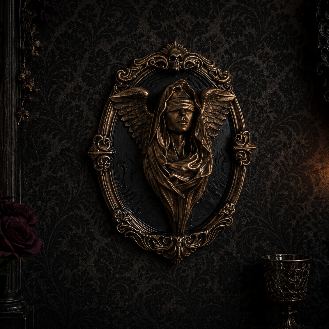 Hand painted bronze resin gothic wall décor showing a blindfolded angel within an ornate 6-inch gothic frame.
