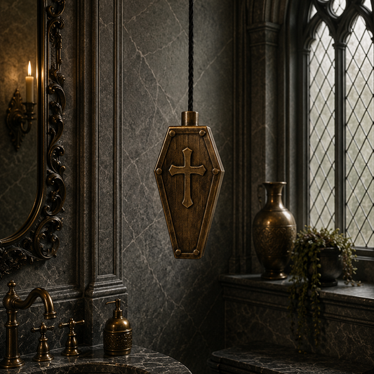 Bronze coffin light pull featuring a classic gothic coffin design, perfect for alternative bathrooms, cloakrooms, and spooky home decor.