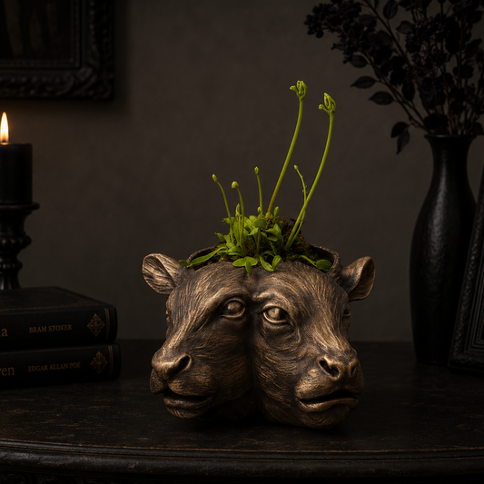 Bronze conjoined cow planter featuring a unique gothic-inspired design, ideal for succulents, small plants, or alternative home decor.