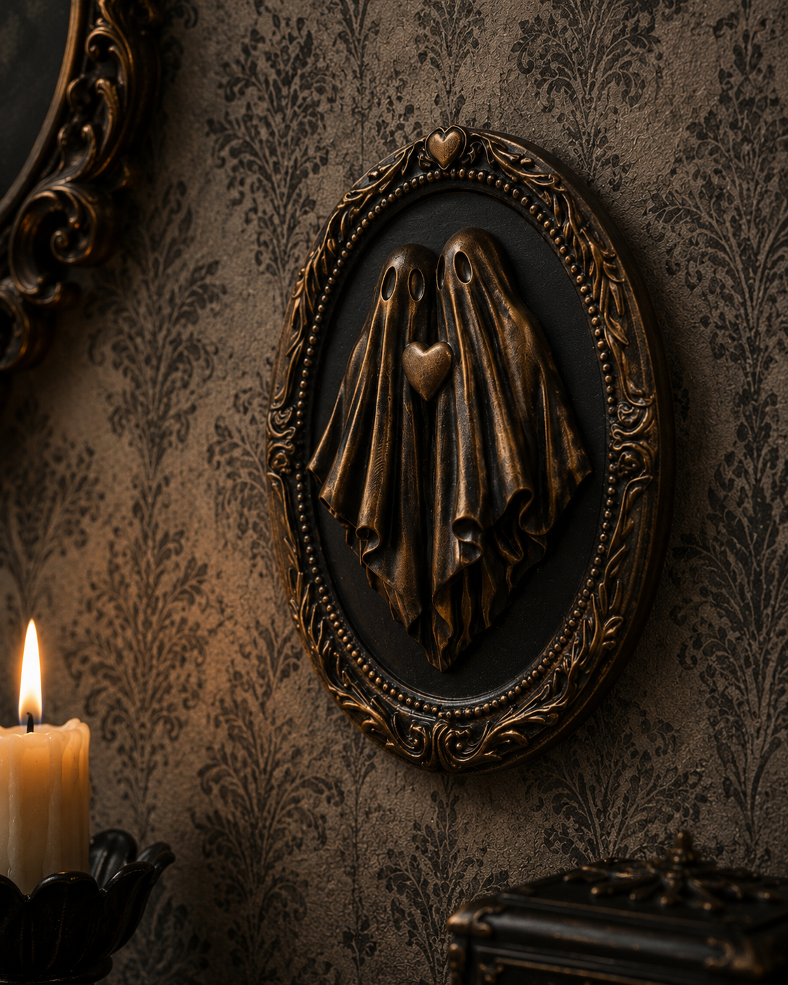 Decorative bronze ghost frame showcasing The Eternal Pair design, perfect for gothic home decor, spooky gallery walls, and dark academia displays.
