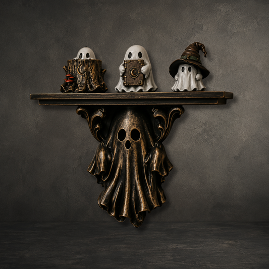 Bronze gothic ghost display shelf mounted on a wall with ornate ghost detailing, displaying three collectible ghost figures.