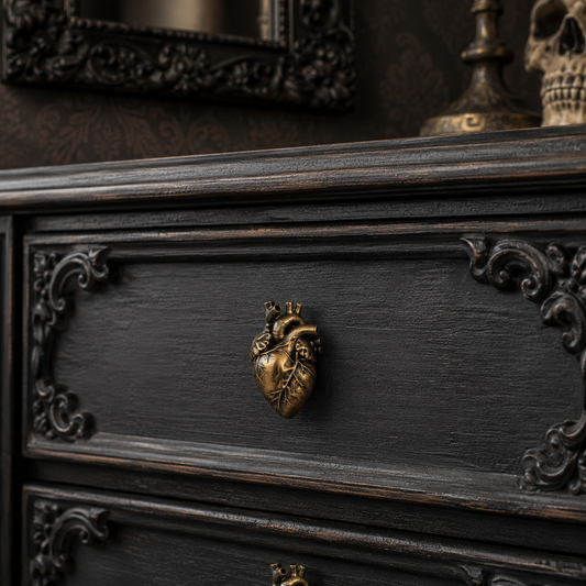 Bronze-painted gothic anatomical heart cabinet knobs, hand-finished with detailed anatomical heart sculpting, ideal for gothic furniture, cabinets and drawers.