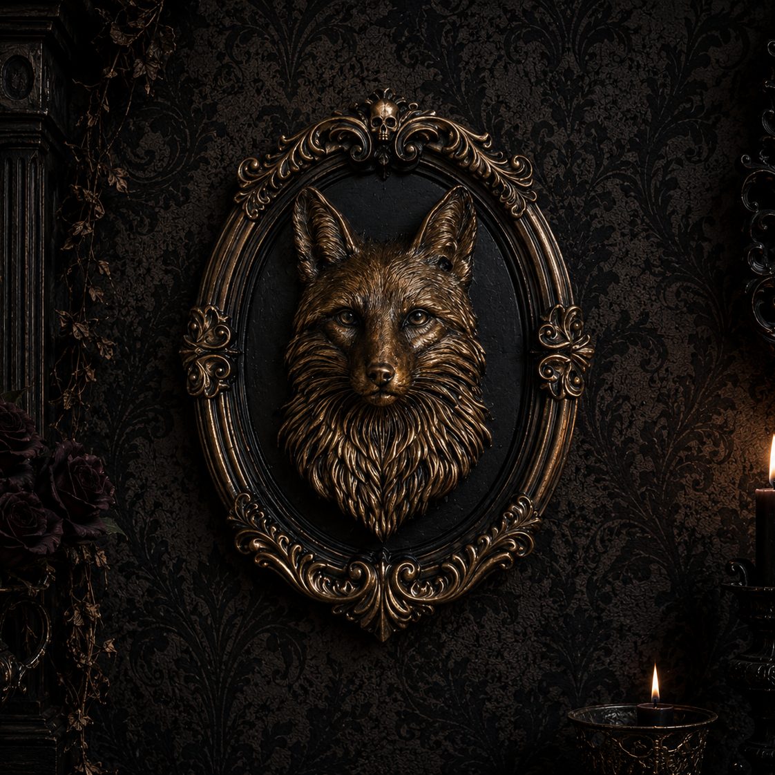 Six-inch gothic fox wall plaque in antique bronze resin featuring an ornate decorative frame for gothic home décor.