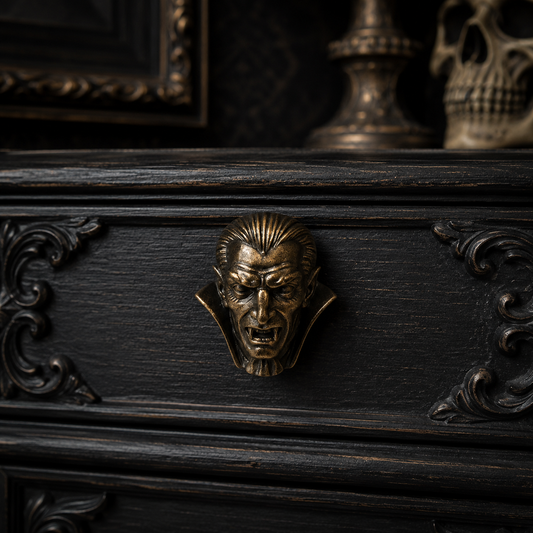 Bronze gothic vampire drawer knob, hand-cast in durable resin with detailed vampire features, adding a unique gothic touch to furniture, cupboards and cabinets.