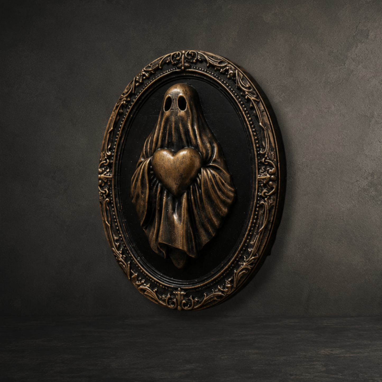 Bronze resin ghost holding a cute heart mounted in an ornate 6-inch baroque wall frame inspired by gothic and romantic décor