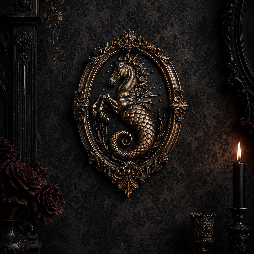 Hand painted bronze Hippocampus mythical creature in an ornate 6-inch gothic resin wall frame.