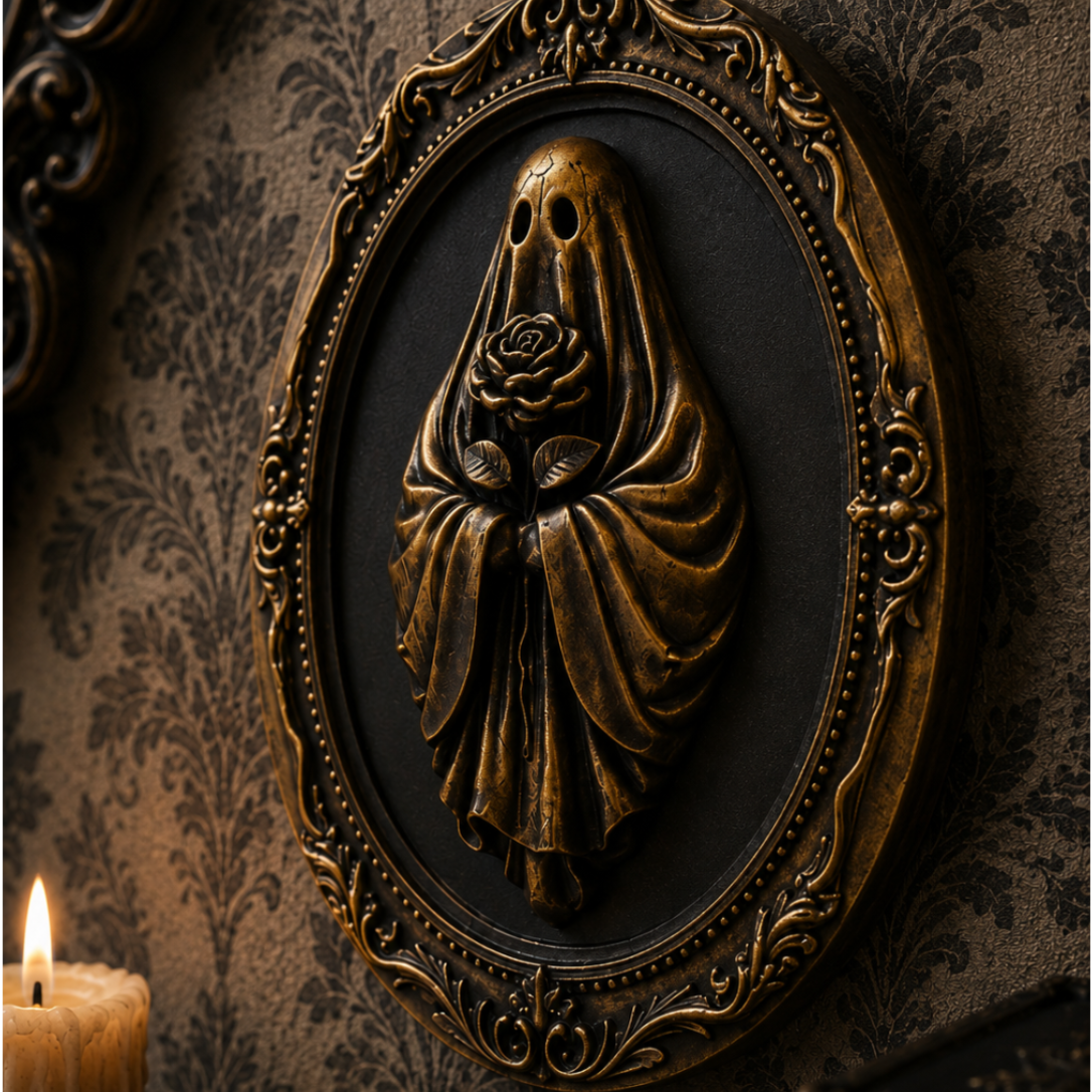 Decorative bronze ghost frame showcasing The Last Offering design, perfect for gothic gallery walls, dark academia styling, and macabre home decor collections.