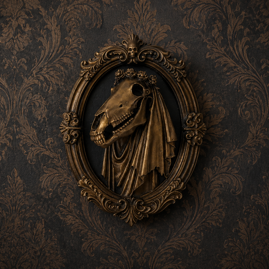 Bronze Mari Lwyd gothic frame inspired by Welsh folklore, featuring a detailed horse skull design and ornate decorative border.